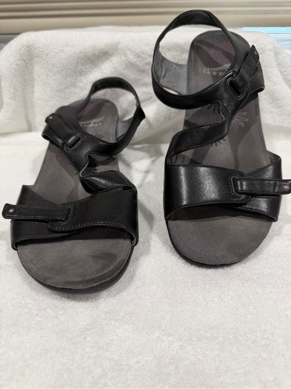 Dansko Black Leather Slide Sandals with Purple Floral Insole